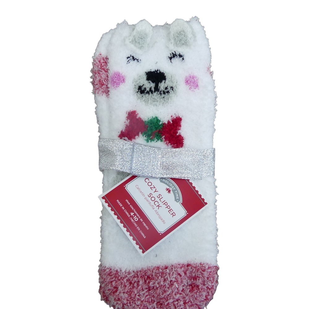 Holiday Time Slipper Socks Womens 4-10 White New Polar Bear Fuzzy Cozy Bow Tie